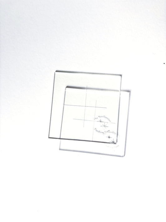 Square arylic needlepoint finishing templates for tracing matboard, shown as a set of two including front and back template sizes for beginner finishing projects