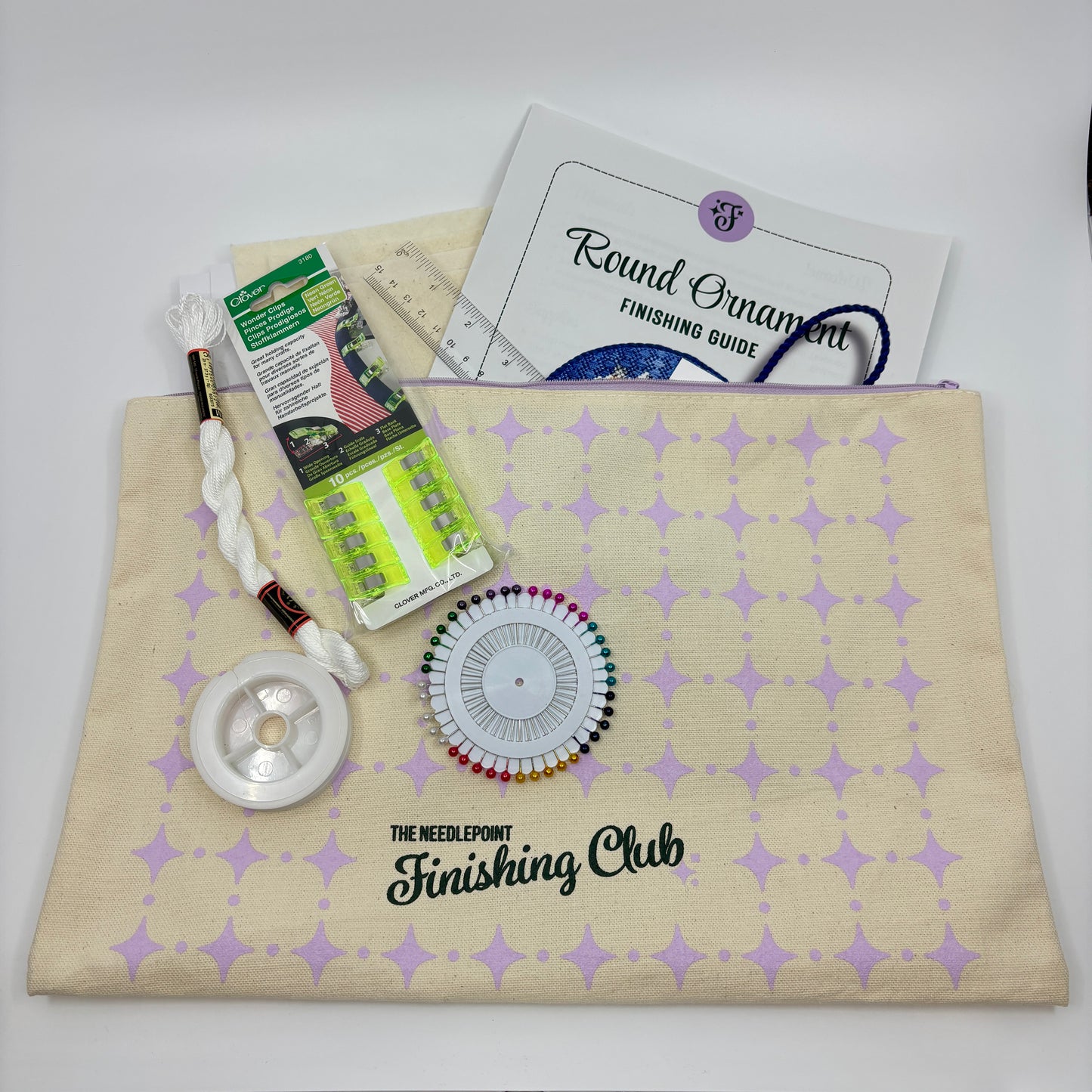 Beginner Finishing Kit and Video from the Needlepoint Finishing Fairy, a complete supply kit for finishing your first needlepoint round ornament in a no-glue shop style finish