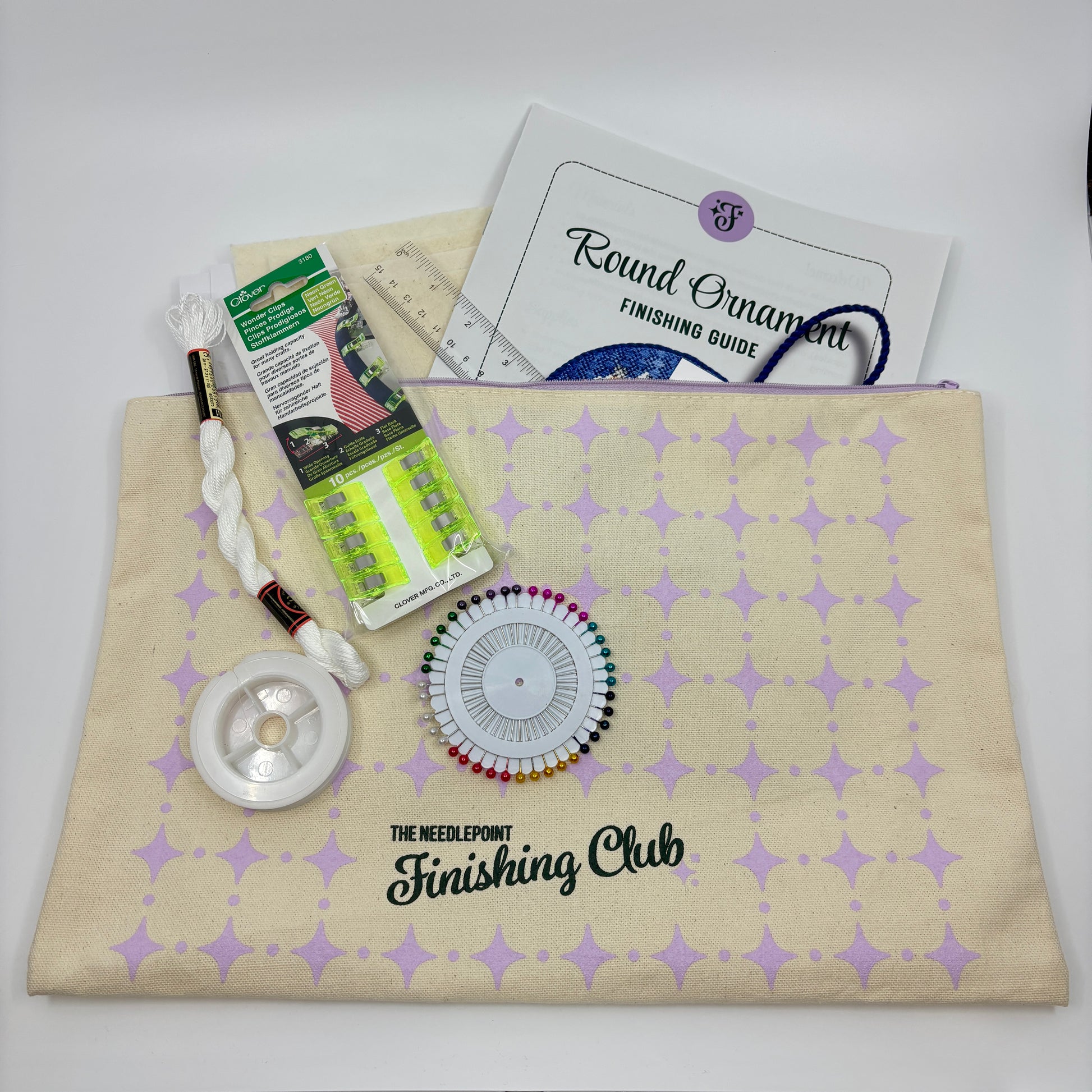 Beginner Finishing Kit and Video from the Needlepoint Finishing Fairy, a complete supply kit for finishing your first needlepoint round ornament in a no-glue shop style finish