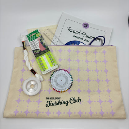 Beginner Finishing Kit and Video from the Needlepoint Finishing Fairy, a complete supply kit for finishing your first needlepoint round ornament in a no-glue shop style finish
