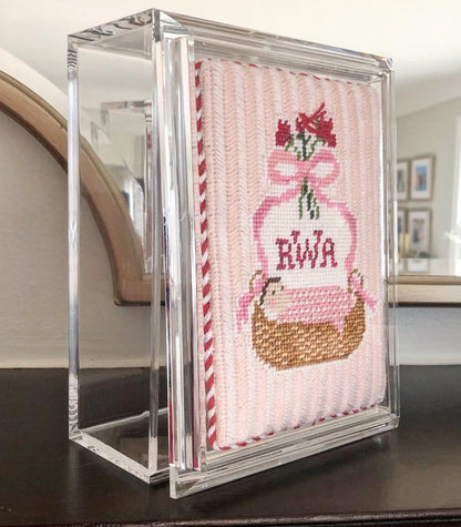 Close-up of acrylic keepsake box with lid showing clear acrylic construction and needlepoint canvas insert, curated by the Needlepoint Finishing Fairy