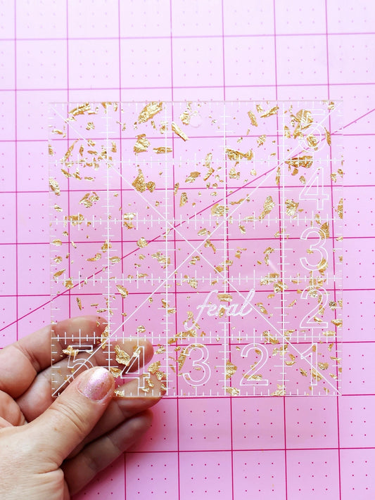 5 inch square acrylic ruler by Feral Notions in Golden colorway for needlepoint finishing matboard tracing and batting cutting