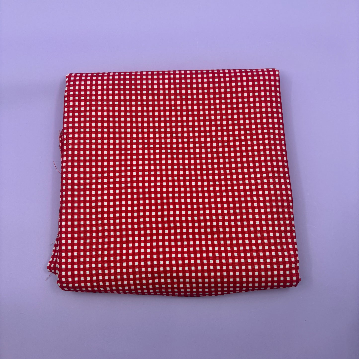 Gingham fabric cut for needlepoint finishing, 12 x 38 inches, shown flat in a classic check pattern ideal for ornament and standup backing. Red and white.