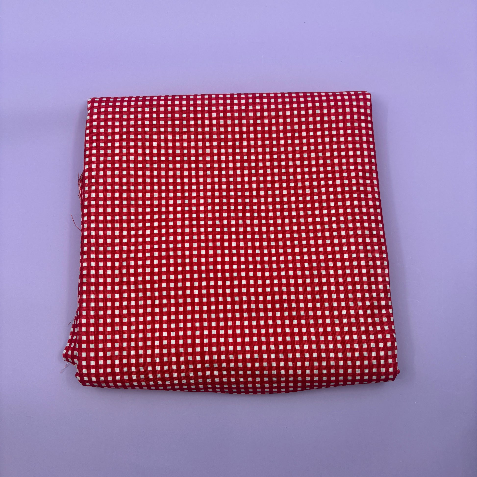 Gingham fabric cut for needlepoint finishing, 12 x 38 inches, shown flat in a classic check pattern ideal for ornament and standup backing. Red and white.