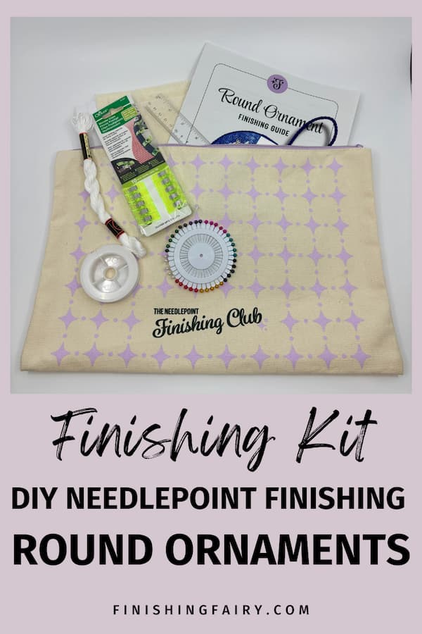 Complete Beginner Needlepoint Finishing Kit with supplies for two 5x5 round ornaments, handmade cording, printed guide, and instructional video access