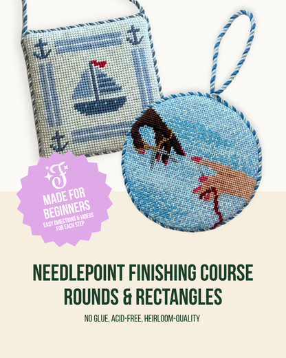 Needlepoint Ornament Finishing Course cover from The Needlepoint Finishing Fairy, a self-paced video course teaching the no-glue lacing method for round, square, and rectangle ornaments