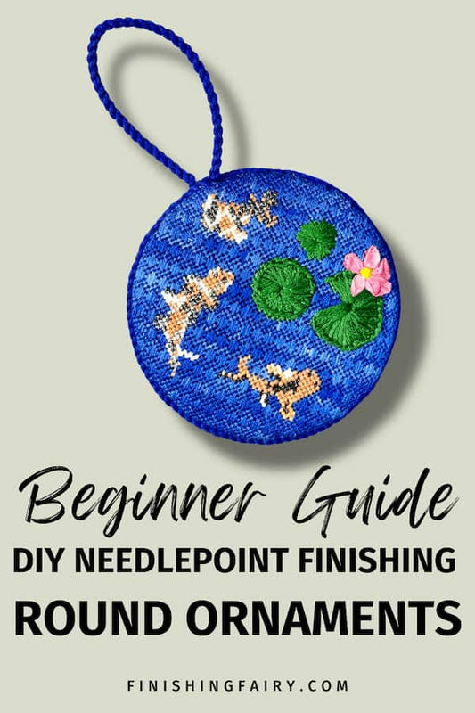 Round Ornament Finishing Guide from the Needlepoint Finishing Fairy, a printed step-by-step guide teaching the no-glue lacing technique for a professional shop style needlepoint finish