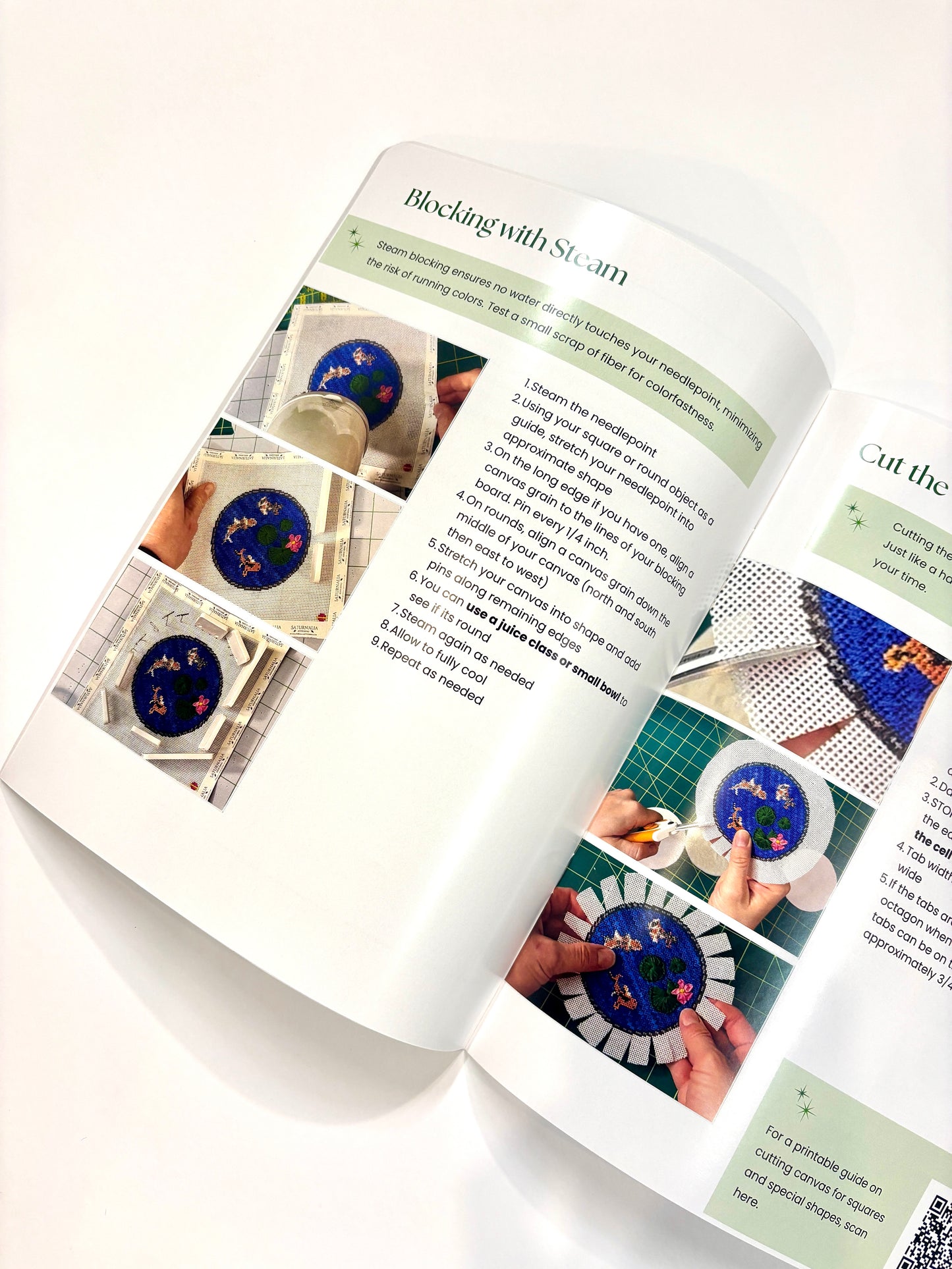 Inside pages of the Printed Round Ornament Finishing Guide showing step-by-step instructions, tips, and scannable QR codes for needlepoint finishing videos