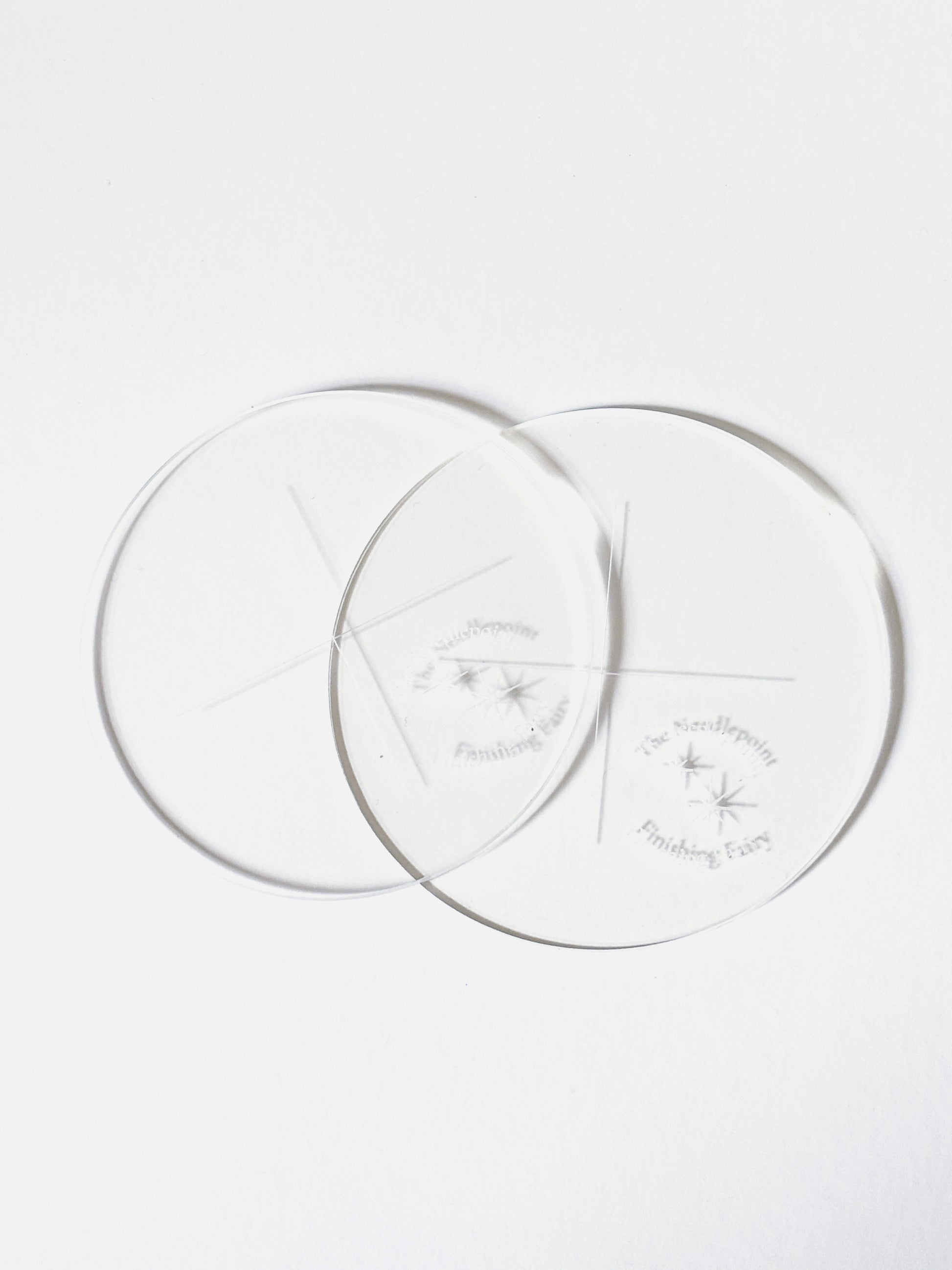 Round acrylic needlepoint finishing templates for tracing matboard, shown as a set of two including front and back template sizes for beginner finishing projects.