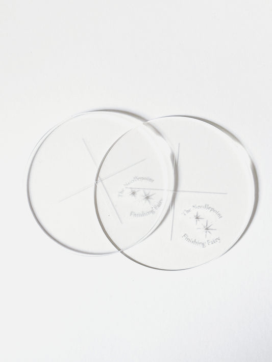 Round acrylic needlepoint finishing templates for tracing matboard, shown as a set of two including front and back template sizes for beginner finishing projects.