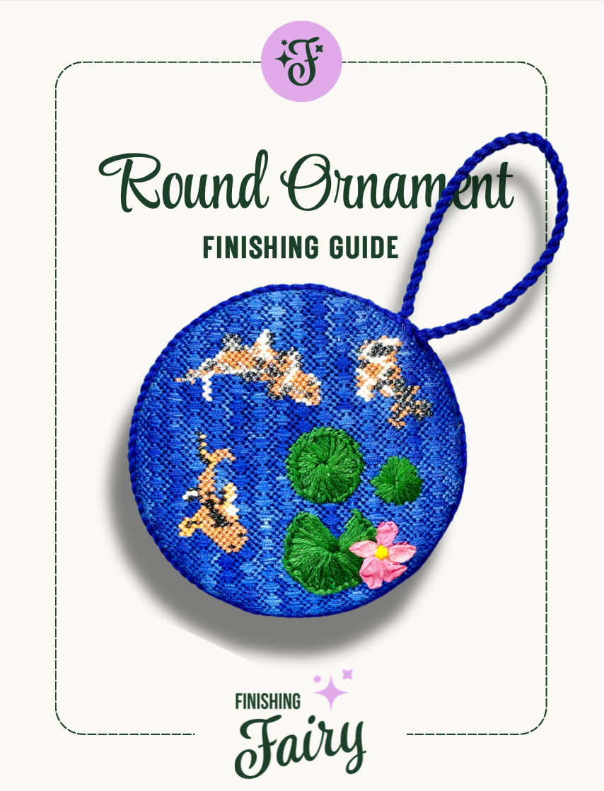 Free Round Ornament Finishing Guide from the Needlepoint Finishing Fairy, a printable step-by-step guide teaching the no-glue lacing technique for a professional shop style needlepoint finish