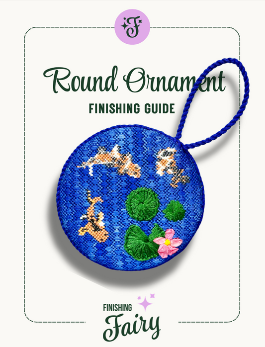 Free Round Ornament Finishing Guide from the Needlepoint Finishing Fairy, a printable step-by-step guide teaching the no-glue lacing technique for a professional shop style needlepoint finish