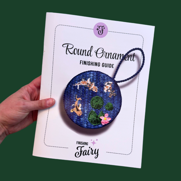 Printed Round Ornament Finishing Guide cover, a 12-page needlepoint finishing guide from the Needlepoint Finishing Fairy teaching shop style no-glue lacing technique