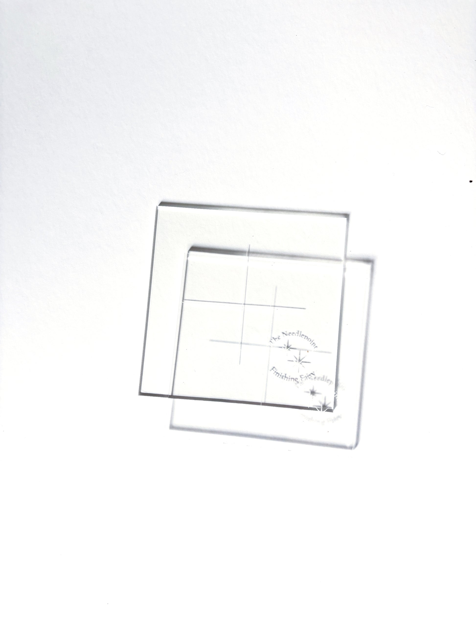 Square arylic needlepoint finishing templates for tracing matboard, shown as a set of two including front and back template sizes for beginner finishing projects